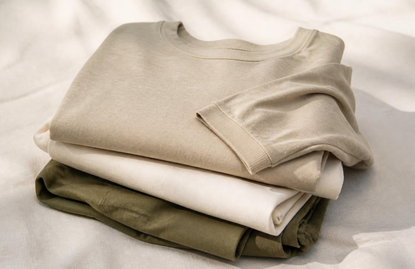 Folded sand, off-white and olive cotton garments on linen